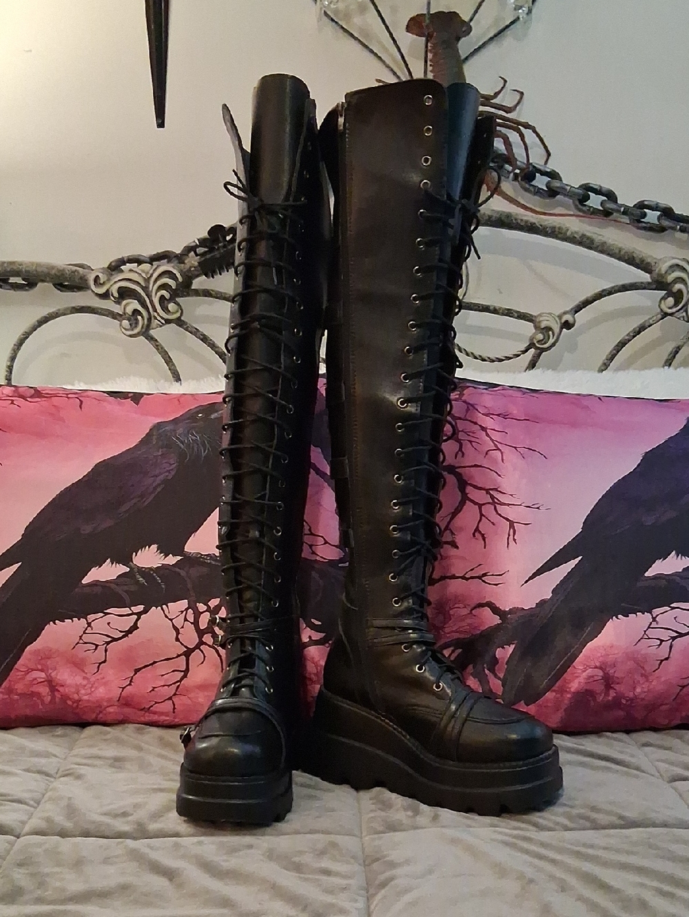 Black Thigh-High Platform Lace-Up Combat Boots